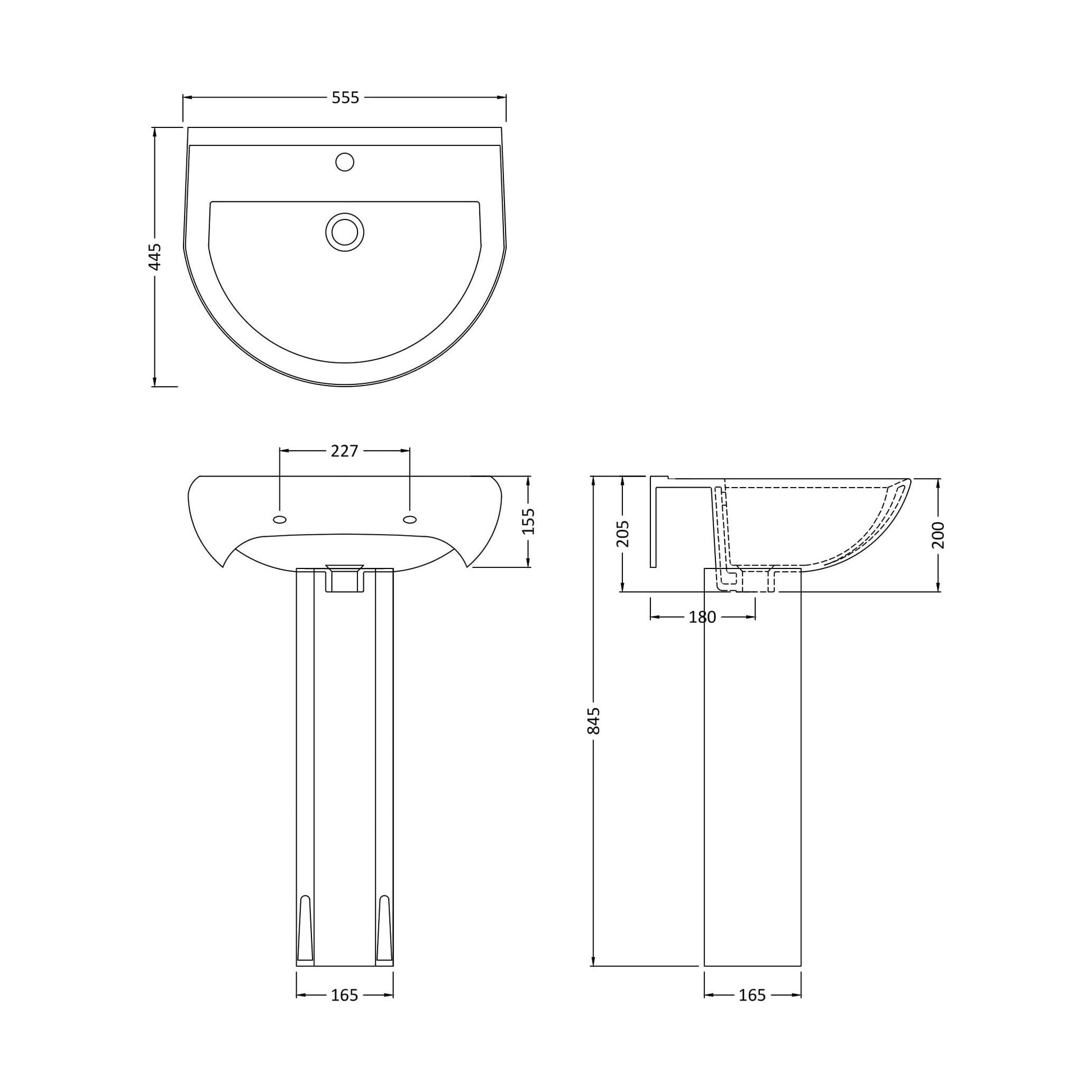 [BCVT002] Churnet Round Ceramic Basin and Pedestal - 1 or 2 Tap Hole - 845 x 555 x 445mm - Technical Drawing