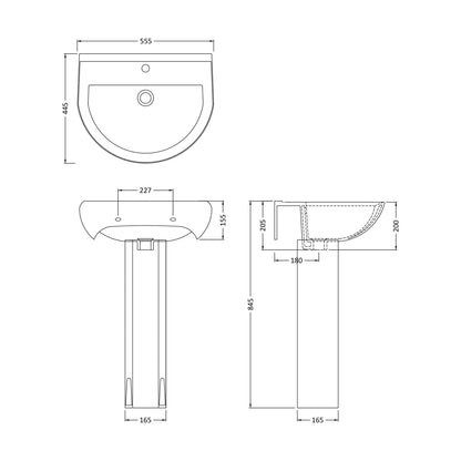 [BCVT002] Churnet Round Ceramic Basin and Pedestal - 1 or 2 Tap Hole - 845 x 555 x 445mm - Technical Drawing