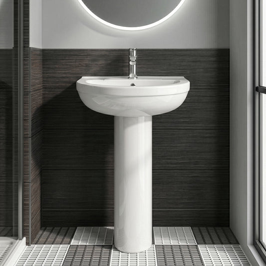 [BCVT002] Churnet Round Ceramic Basin and Pedestal - 1 or 2 Tap Hole - 845 x 555 x 445mm - Silo