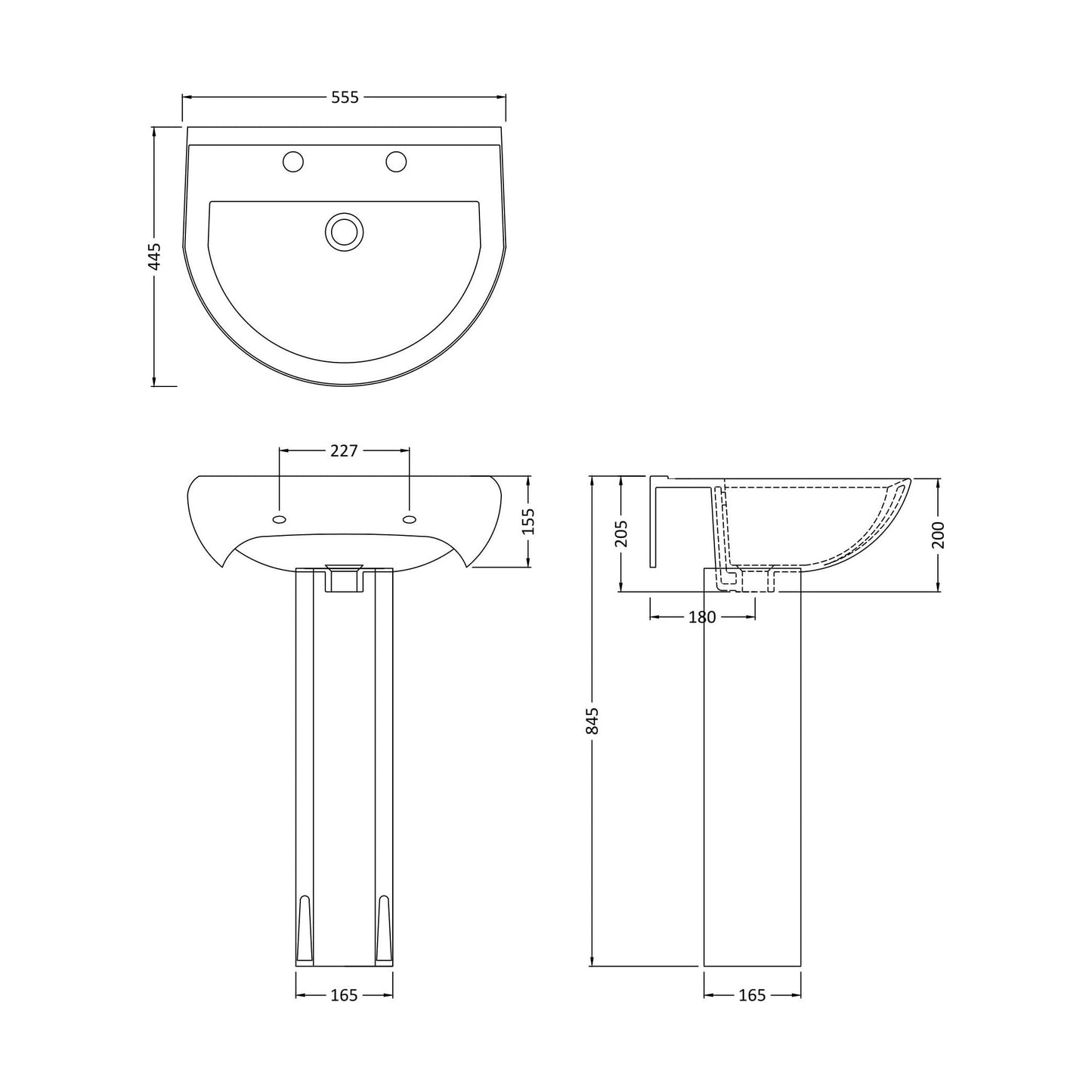 [BCVT003] Churnet Round Ceramic Basin and Pedestal - 1 or 2 Tap Hole - 845 x 555 x 445mm - Technical Drawing