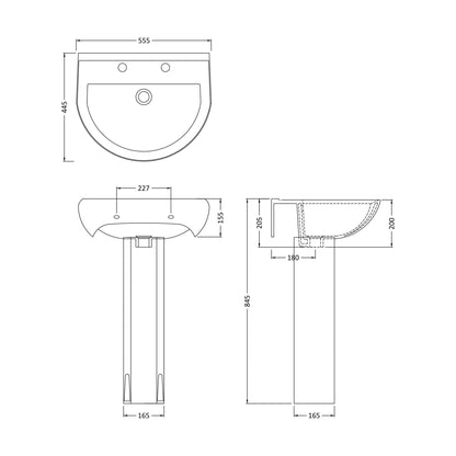[BCVT003] Churnet Round Ceramic Basin and Pedestal - 1 or 2 Tap Hole - 845 x 555 x 445mm - Technical Drawing