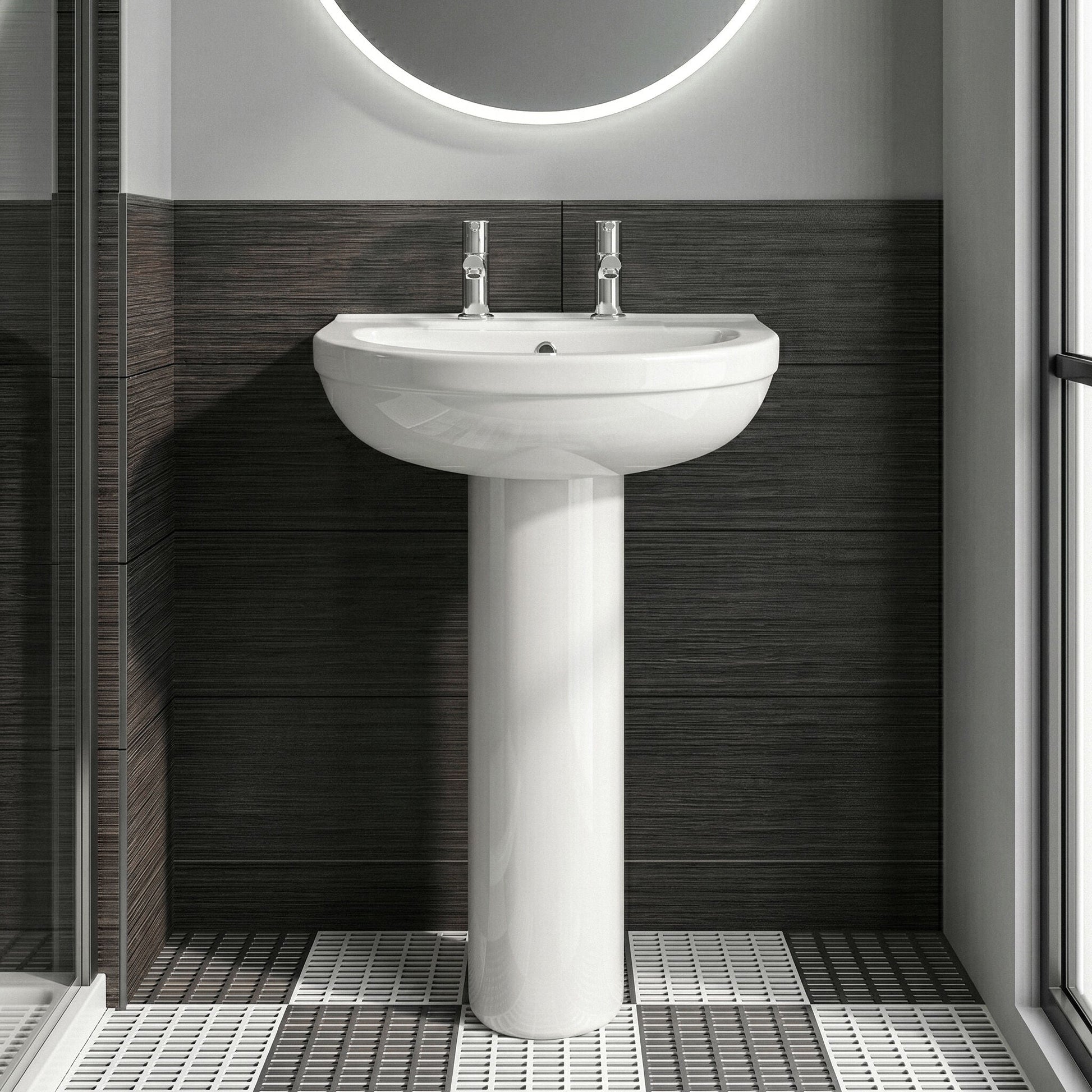 [BCVT003] Churnet Round Ceramic Basin and Pedestal - 1 or 2 Tap Hole - 845 x 555 x 445mm - Silo