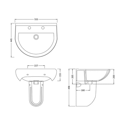 [BCVT005] Churnet Modern White Soft Round Semi Pedestal Bathroom Basin - 1 or 2 Tap Hole (555mm) - Technical Drawing