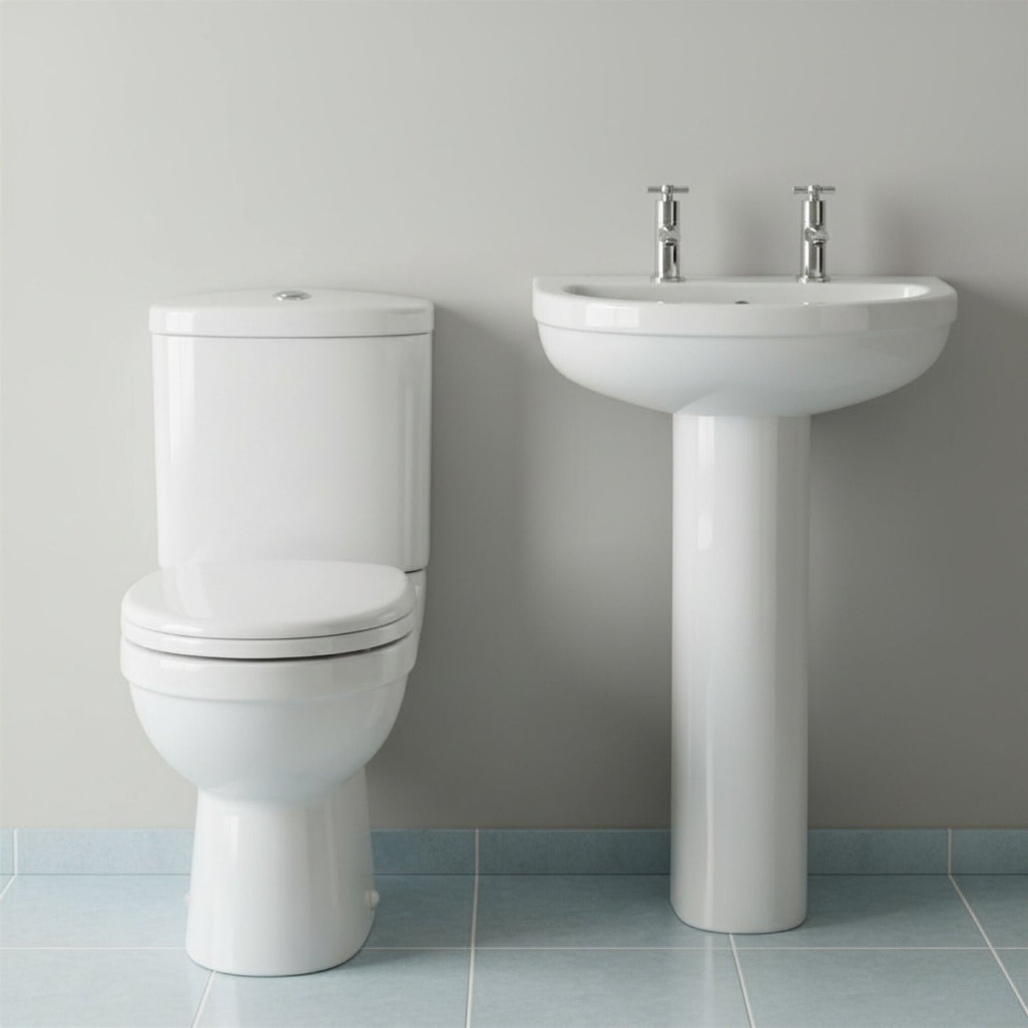 [BCVT008] Churnet Ceramic Bathroom Bundle - Toilet Pan with Cistern, Soft-Close Seat & 550mm Basin with Full or Semi Pedestal (1TH or 2TH) - Silo