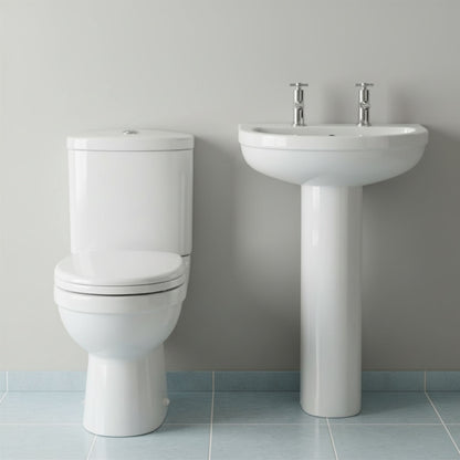 [BCVT008] Churnet Ceramic Bathroom Bundle - Toilet Pan with Cistern, Soft-Close Seat & 550mm Basin with Full or Semi Pedestal (1TH or 2TH) - Silo