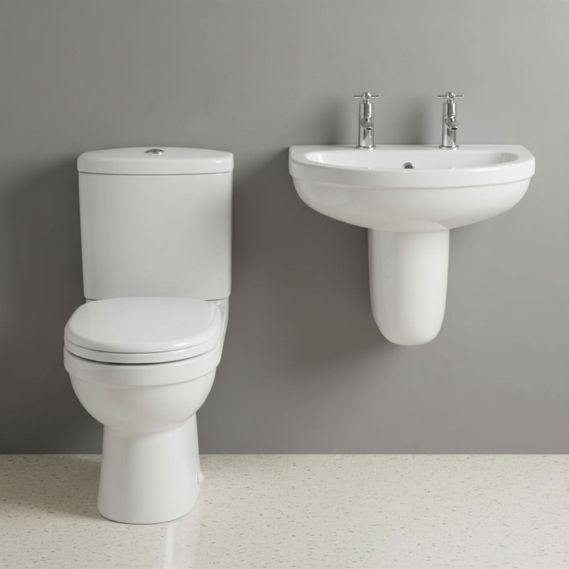 [BCVT009] Churnet Ceramic Bathroom Bundle - Toilet Pan, Cistern, Soft-Close Seat & 550mm Semi Pedestal Basin, Choice of Tap Holes - Silo