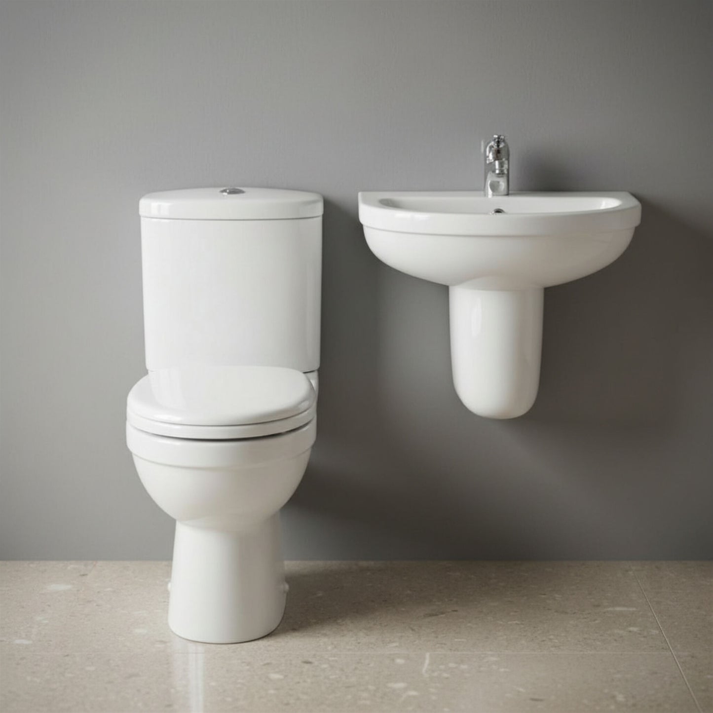 [BCVT010] Churnet Ceramic Bathroom Bundle - Toilet Pan, Cistern, Soft-Close Seat & 550mm Semi Pedestal Basin, Choice of Tap Holes - Silo
