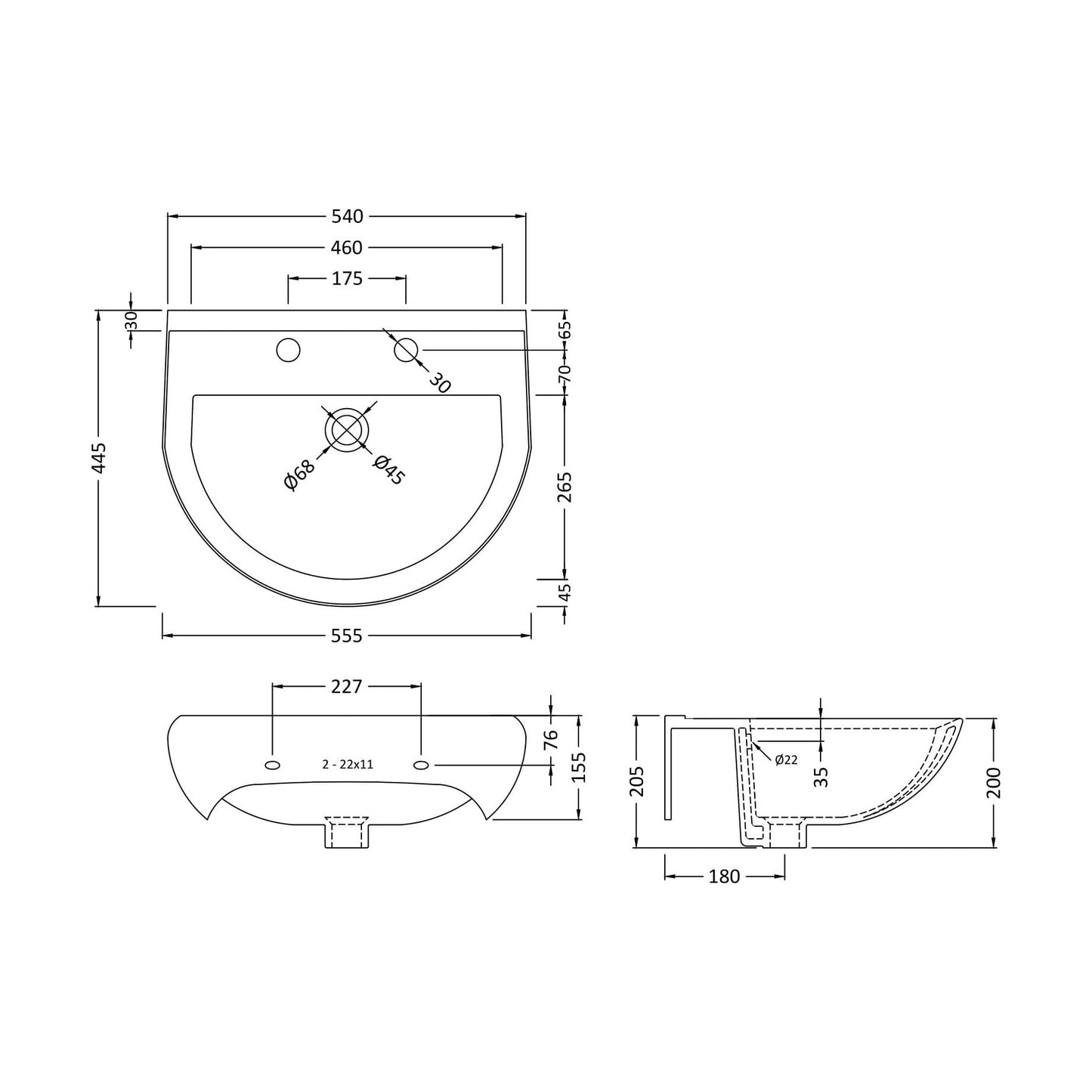 [BCVT222] 550 Basin 2TH - Technical Drawing