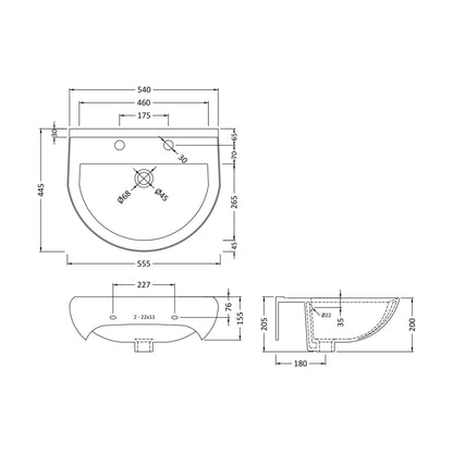 [BCVT222] 550 Basin 2TH - Technical Drawing