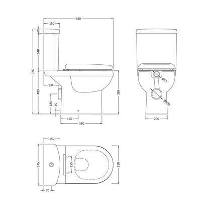[BCVT250] Balterley Vito Pan Cistern and Soft Close Seat 780mm x 375mm x 640mm - White - Technical Drawing