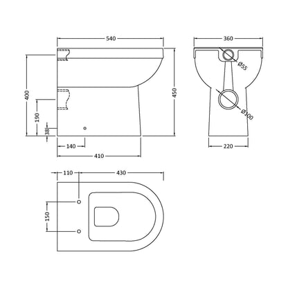 [BCVT296P] Comfort Height Back To Wall Toilet Pan   - 440mm x 360mm x 540mm - Technical Drawing