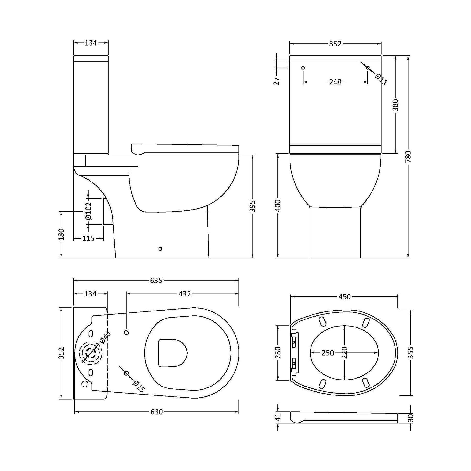 [BCVT750] Contemporary Curved Rimless Toilet Pan, Cistern and Soft Close Seat - Technical Drawing