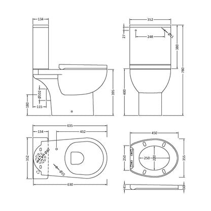 [BCVT750] Contemporary Curved Rimless Toilet Pan, Cistern and Soft Close Seat - Technical Drawing