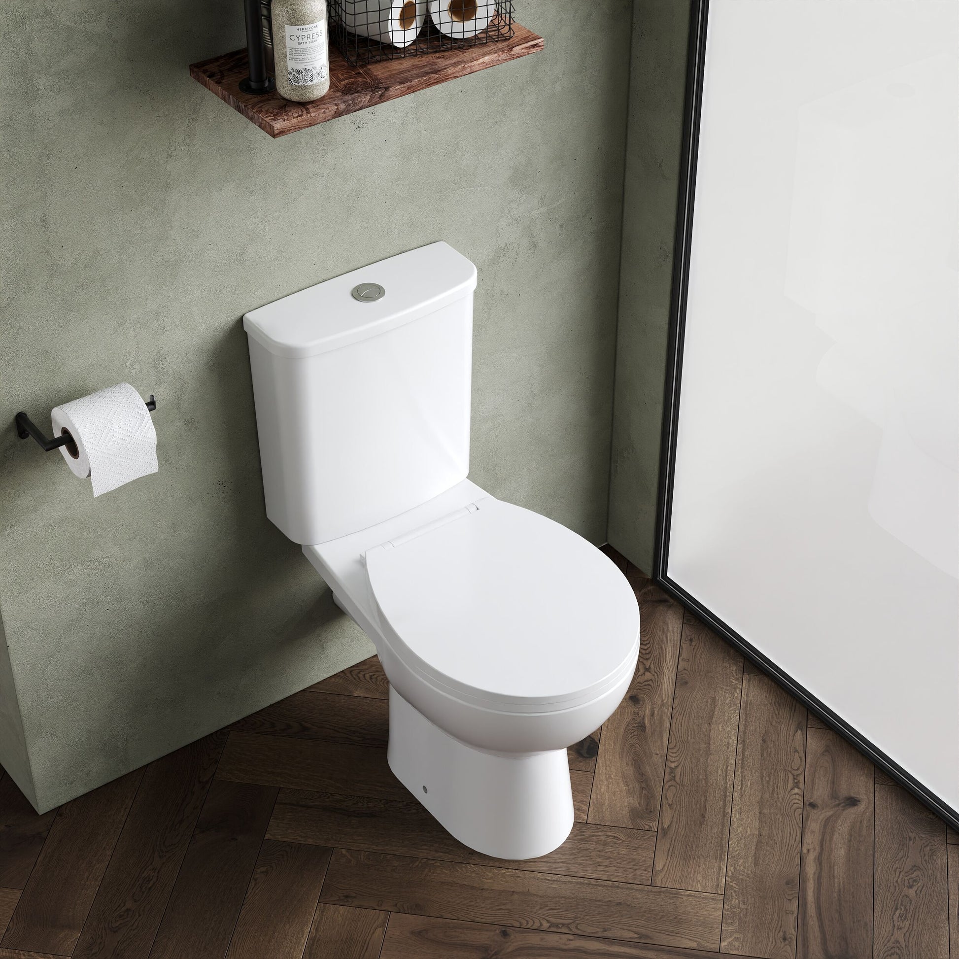[BCVT750] Contemporary Curved Rimless Toilet Pan, Cistern and Soft Close Seat - Lifestyle 2