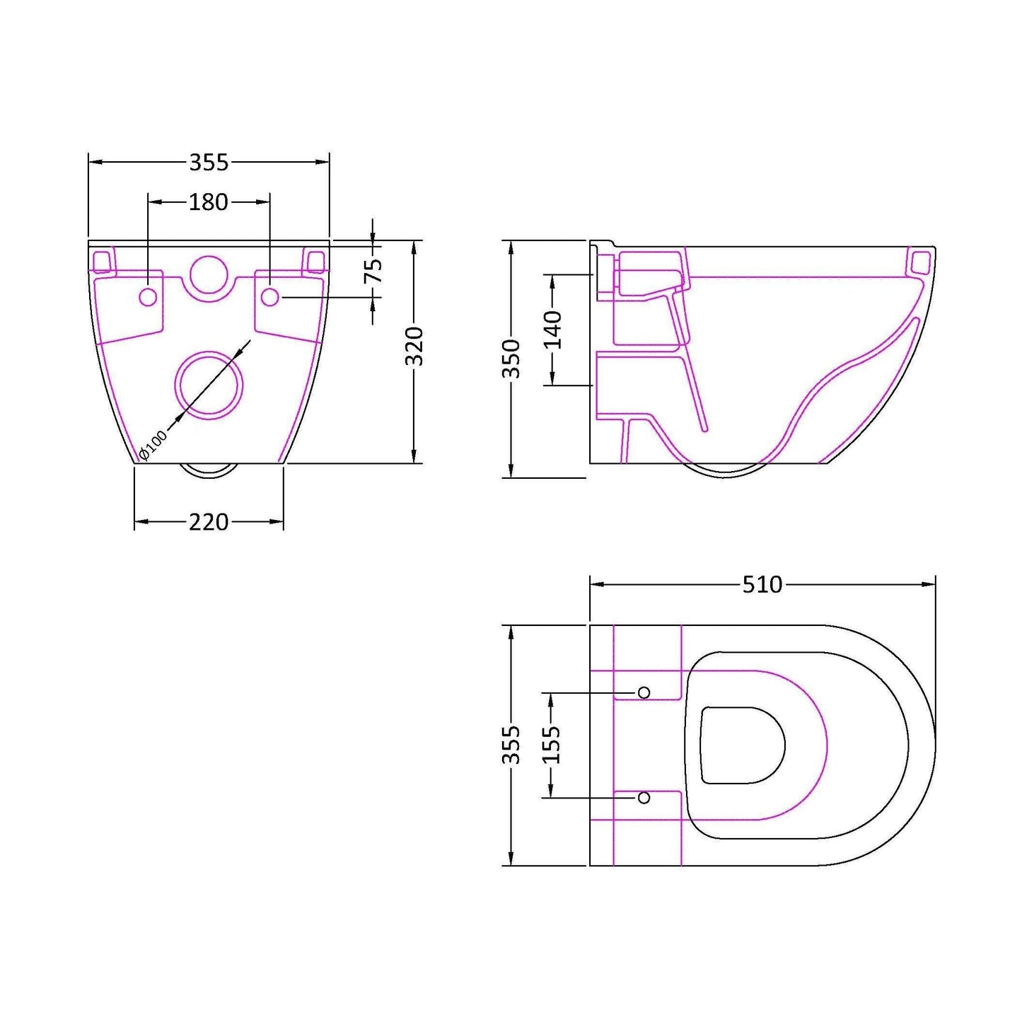 [BCWP900CP] Balterley Contemporary Bathroom Round Toilet Pan, 350mm x 355mm - White - Technical Drawing