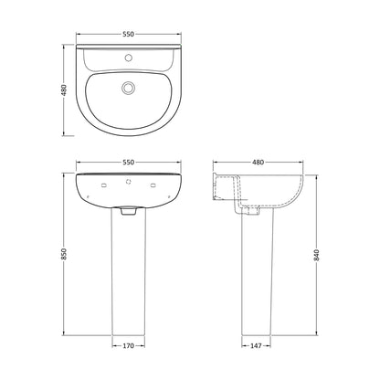 [BCZA06A] Sleek Modern White 550mm Round Bathroom 2 Tap Hole Basin & Pedestal - Technical Drawing