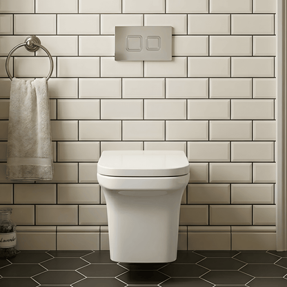 [BCZFR003] Hilderstone Soft Square Wall Hung Toilet Pan, Soft Close Seat & Concealed Cistern with Square Push Button Plate, 390mm - Silo