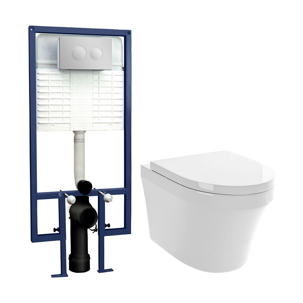 [BCZMI001] Mila Round Wall Hung Toilet Pan, Soft Close Seat & Concealed Cistern with Round Push Button Plate, 400mm - Balterley - Cutout