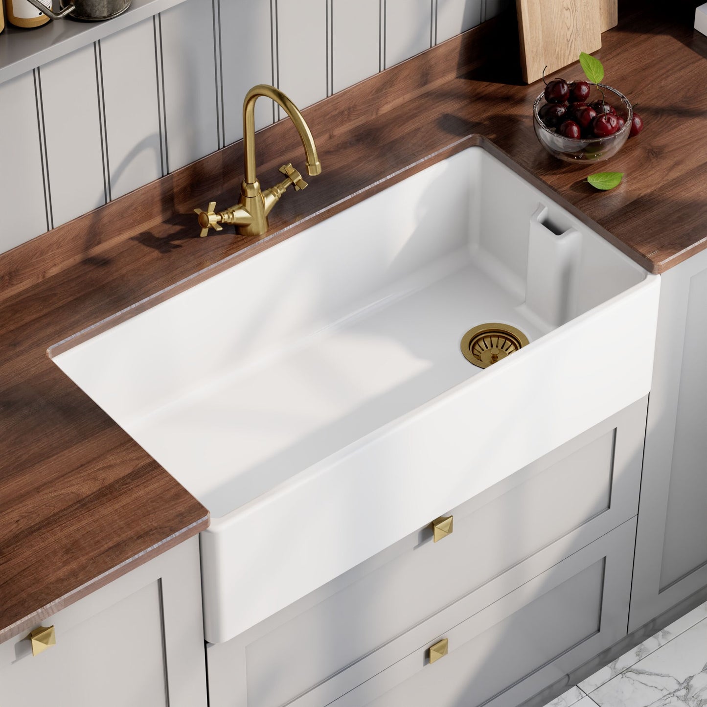 Nuie Single Bowl 895 x 460 x 245mm Fireclay White Belfast Sink