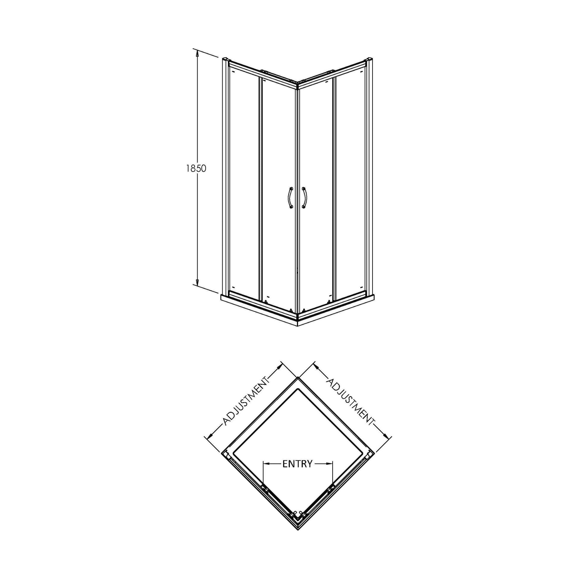 [BE5MCE76] Contemporary 5mm Toughened Safety Glass Corner Entry Shower Enclosure - 760mm - Chrome - Balterley - Technical Drawing