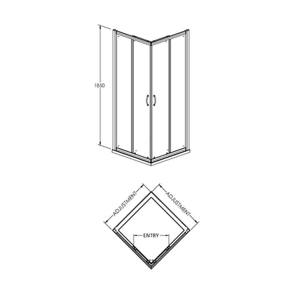[BE5MCE76] Contemporary 5mm Toughened Safety Glass Corner Entry Shower Enclosure - 760mm - Chrome - Balterley - Technical Drawing