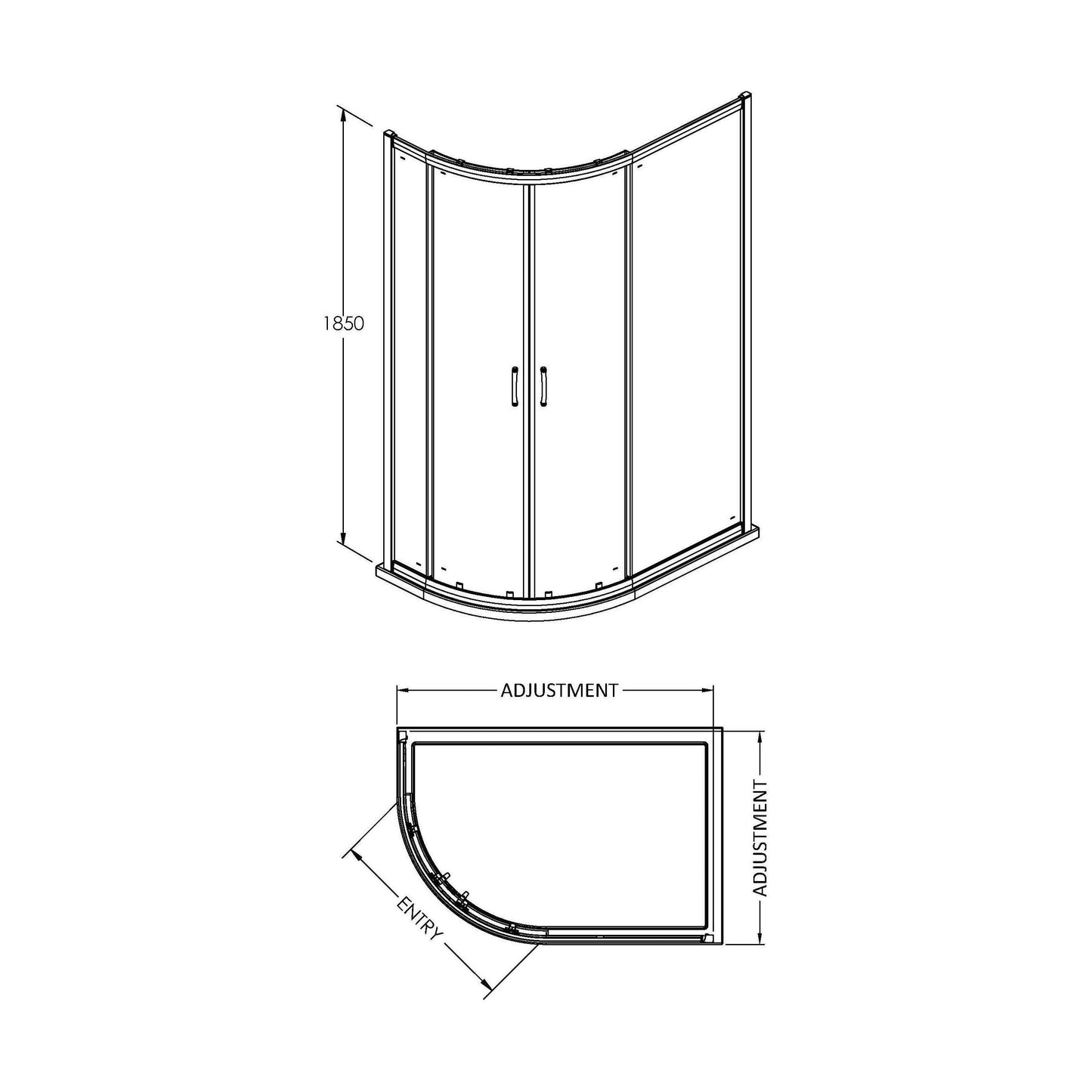 [BE5MQ108] Contemporary 5mm Toughened Safety Glass Offset Quadrant Shower Enclosure - 1000 x 800mm - Chrome - Balterley - Technical Drawing