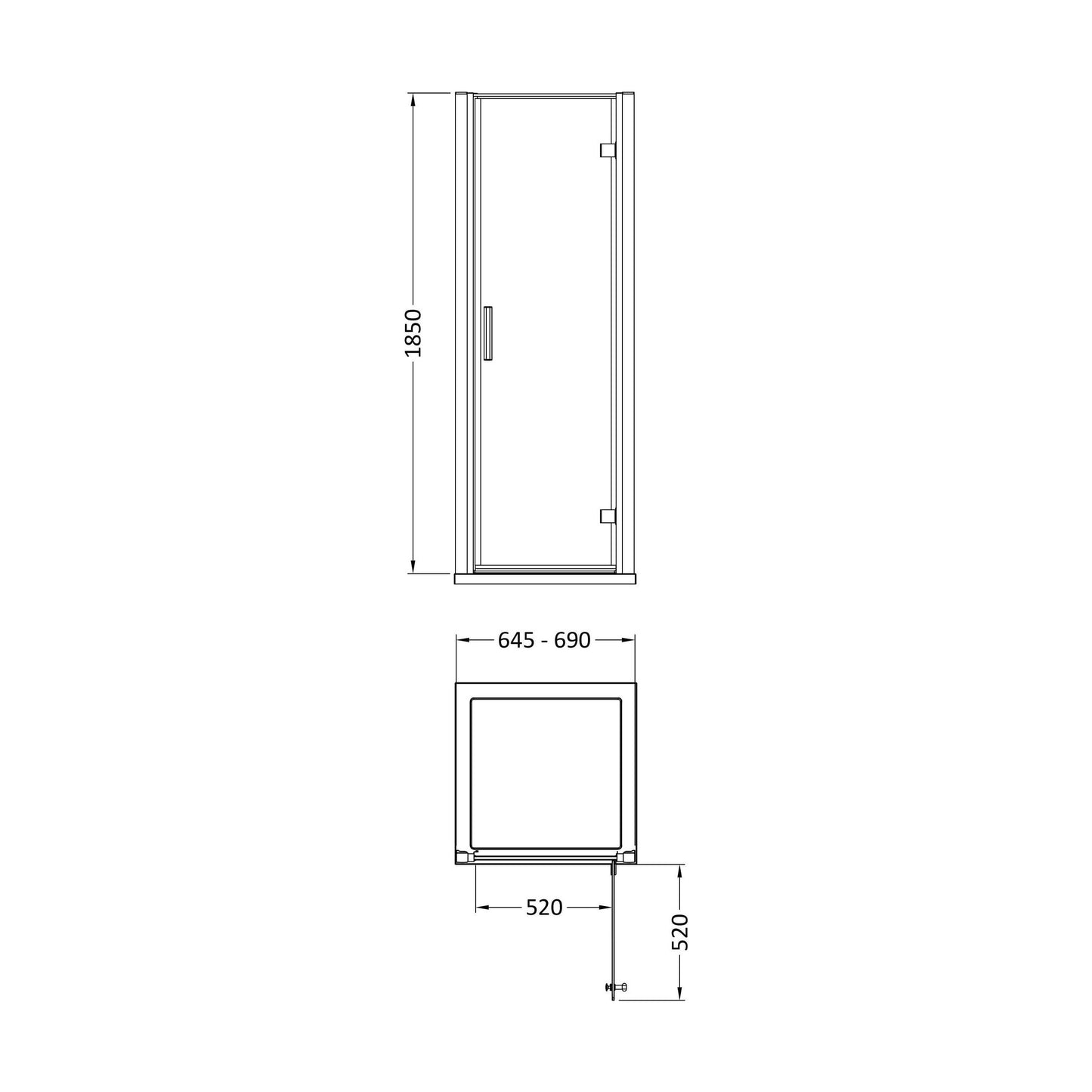 [BE6MHD7] 700mm Hinged Door 6mm Glass - Technical Drawing