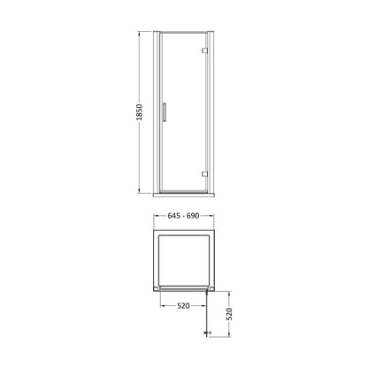 [BE6MHD7] 700mm Hinged Door 6mm Glass - Technical Drawing