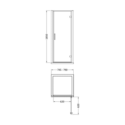 [BE6MHD8] 800mm Hinged Door 6mm Glass - Technical Drawing