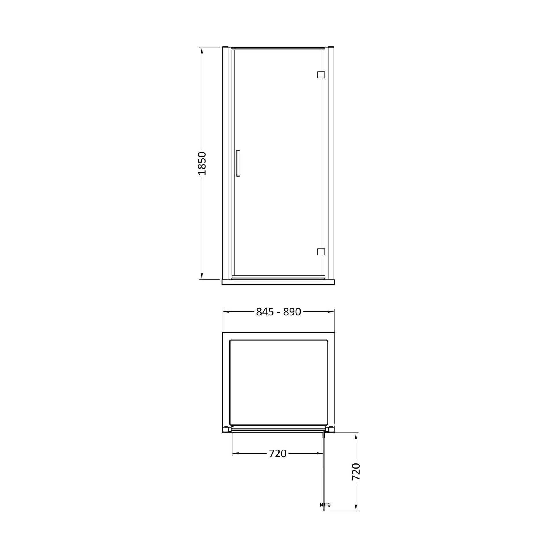 [BE6MHD9] 900mm Hinged Door 6mm Glass - Technical Drawing