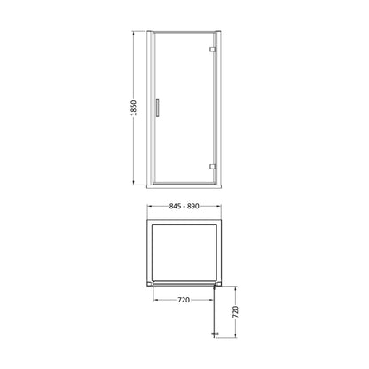 [BE6MHD9] 900mm Hinged Door 6mm Glass - Technical Drawing