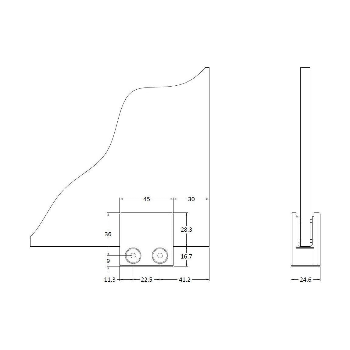 [BEAC008] Balterley Wetroom Accessories Screen Support Foot & Wall Bracket - Matt Black - Technical Drawing