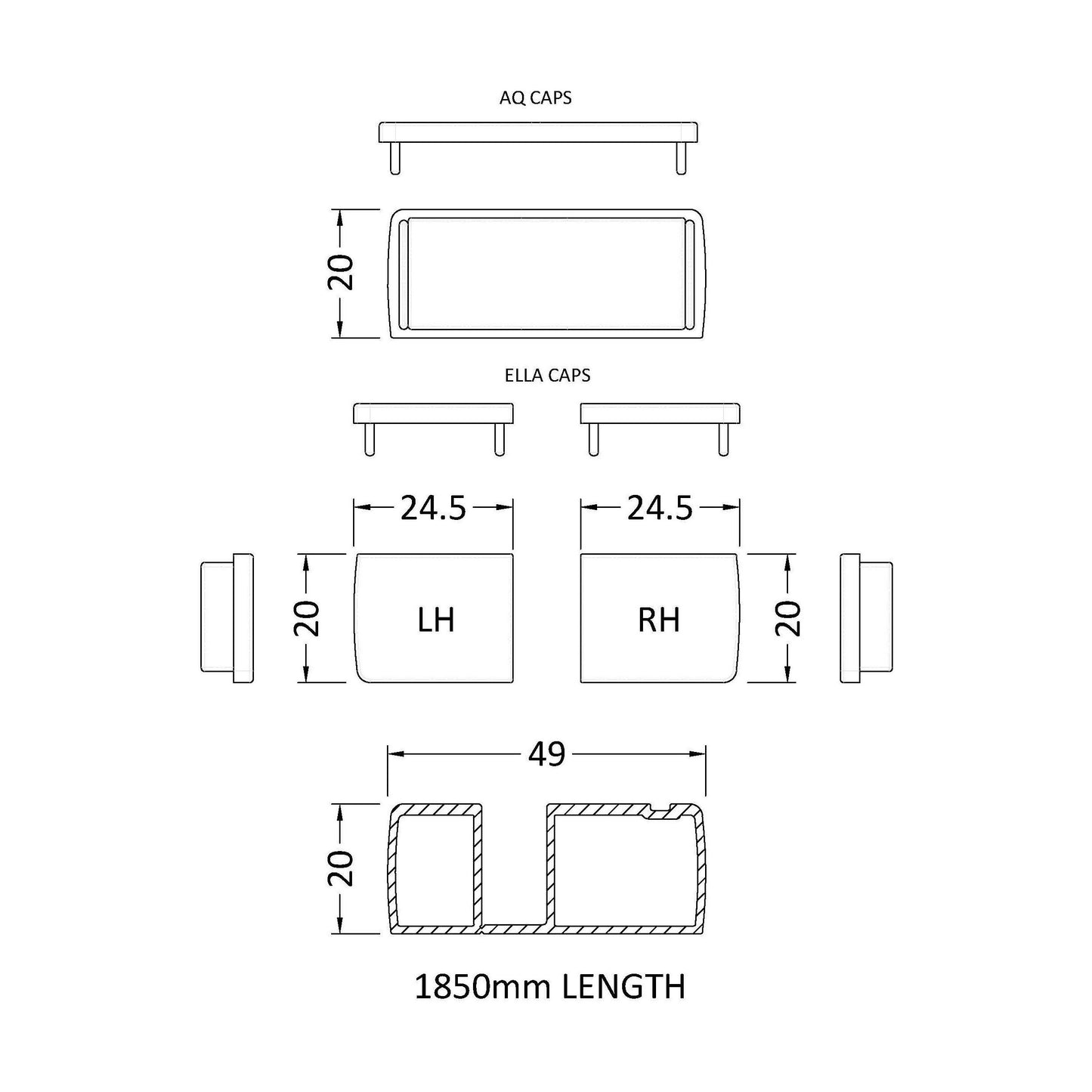 [BEAC185BB] Wetroom Accessories Profile Extension Kit - 1850mm - Brushed Brass - Technical Drawing