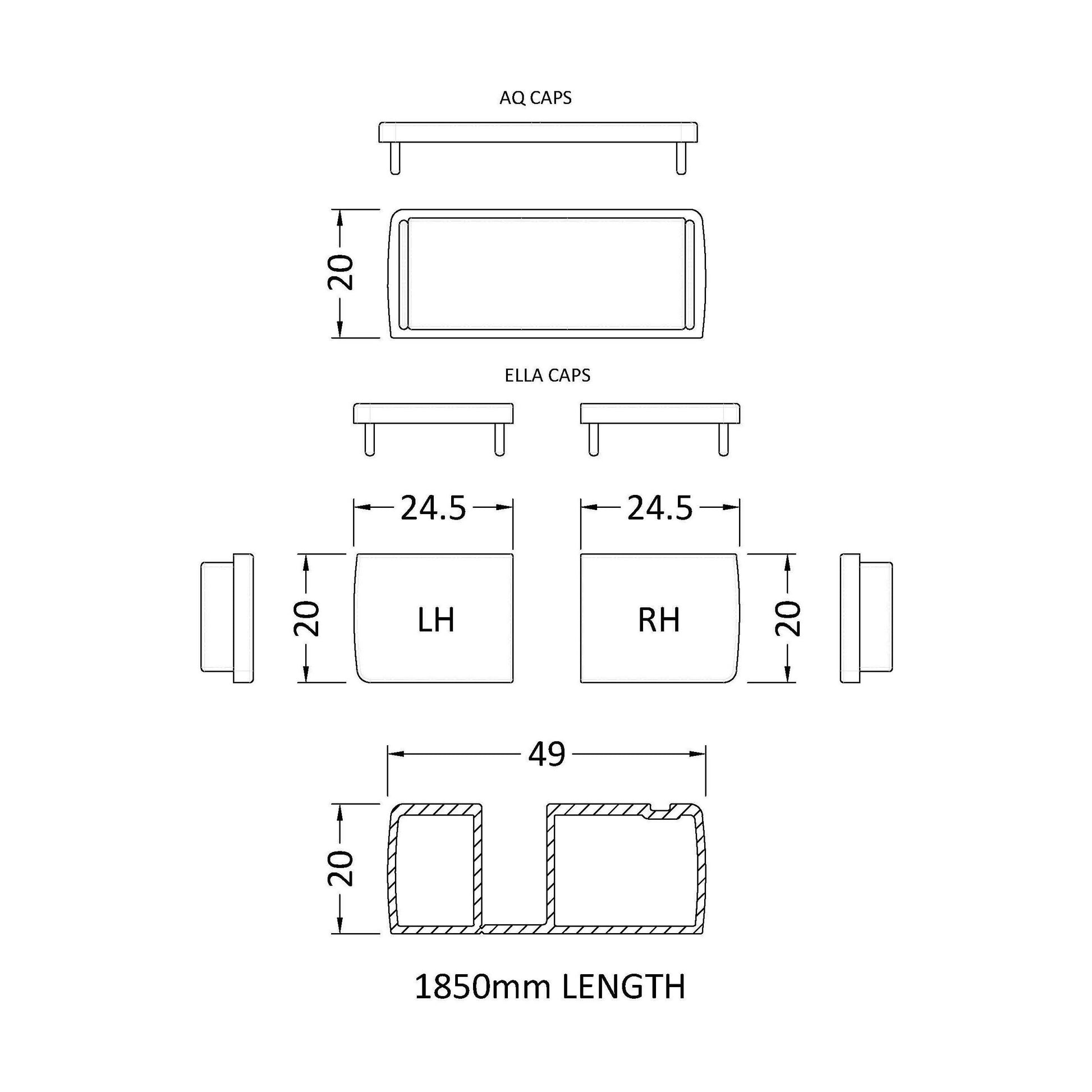 [BEAC185BB] Wetroom Accessories Profile Extension Kit - 1850mm - Brushed Brass - Technical Drawing