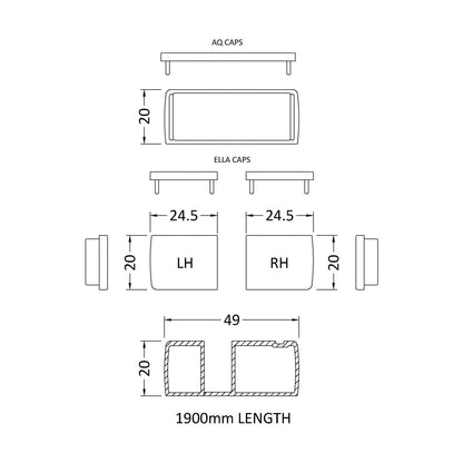 [BEAC190BB] 1900MM PROFILE EXTENSION KIT BRASS PAIR - Technical Drawing