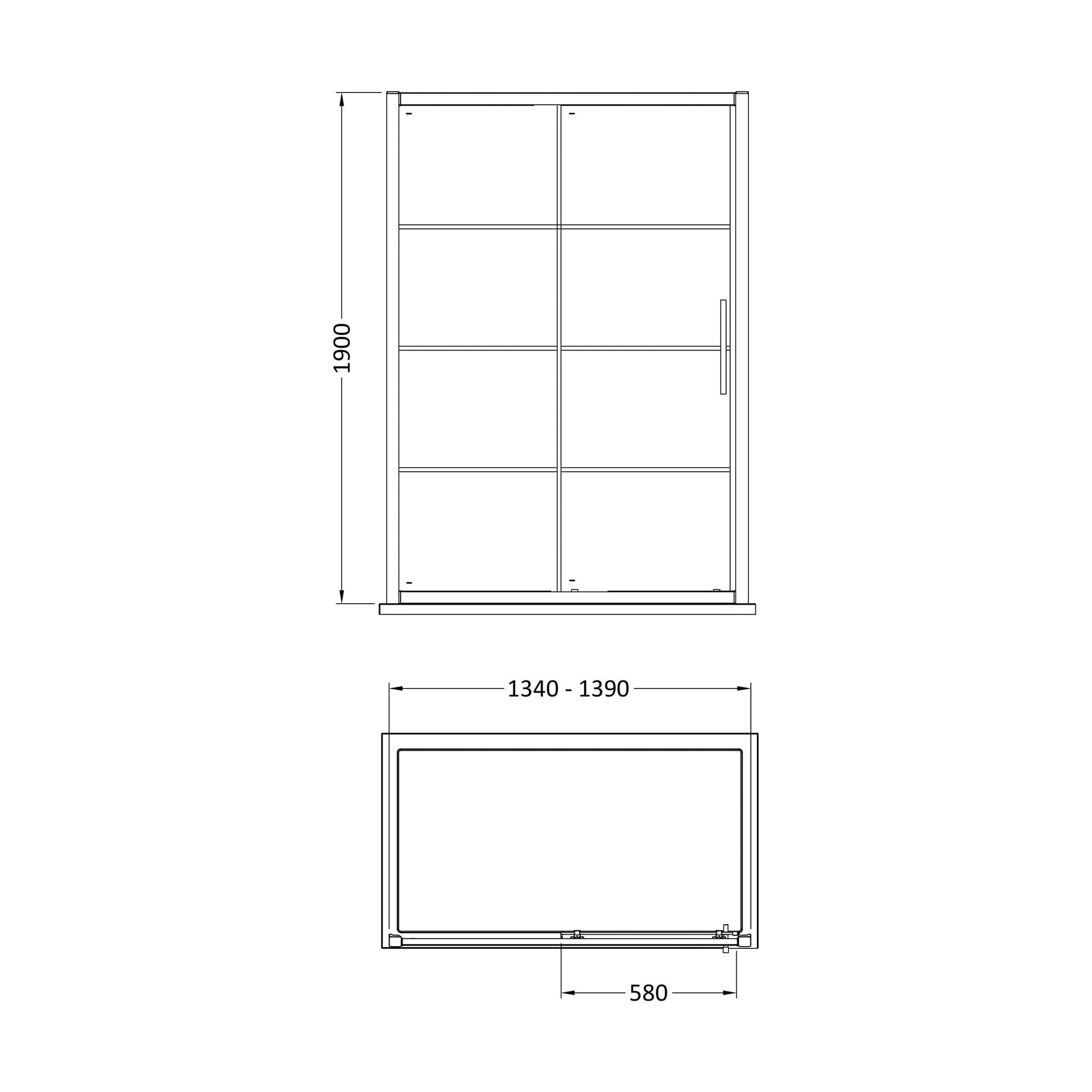 [BEADSL14] Kinver 8mm Toughened Safety Glass Sliding Shower Door, Black - Choice of Size - Technical Drawing