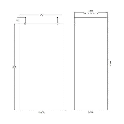 [BEAF1000MB] Balterley Contemporary Bathroom 8mm Glass Wetroom Screen with Arms & Feet, Chrome Finish, 1950 x 698 x 14mm - Technical Drawing