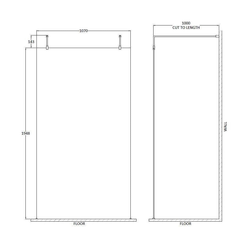 [BEAF1100BB] Balterley Contemporary Bathroom 8mm Glass Wetroom Screen with Arms & Feet, Chrome Finish, 1950 x 698 x 14mm - Technical Drawing