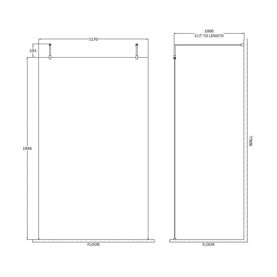 [BEAF1200MB] Balterley Contemporary Bathroom 8mm Glass Wetroom Screen with Arms & Feet, Chrome Finish, 1950 x 698 x 14mm - Technical Drawing