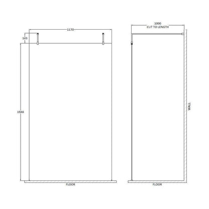 [BEAF1200MB] Balterley Contemporary Bathroom 8mm Glass Wetroom Screen with Arms & Feet, Chrome Finish, 1950 x 698 x 14mm - Technical Drawing
