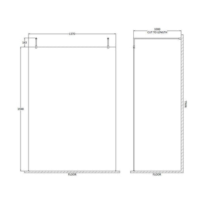 [BEAF1400CP] Balterley Contemporary Bathroom 8mm Glass Wetroom Screen with Arms & Feet, Chrome Finish, 1950 x 698 x 14mm - Technical Drawing