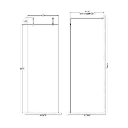 [BEAF700BB] Balterley Contemporary Bathroom 8mm Glass Wetroom Screen with Arms & Feet, Chrome Finish, 1950 x 698 x 14mm - Technical Drawing