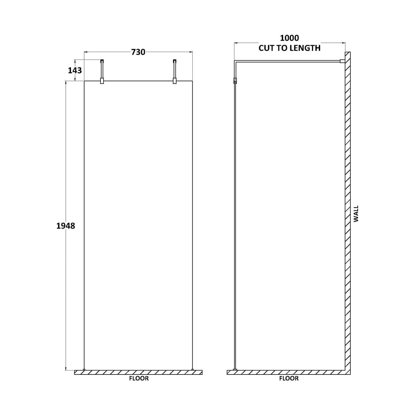 [BEAF760CP] Balterley Contemporary Bathroom 8mm Glass Wetroom Screen with Arms & Feet, Chrome Finish, 1950 x 698 x 14mm - Technical Drawing