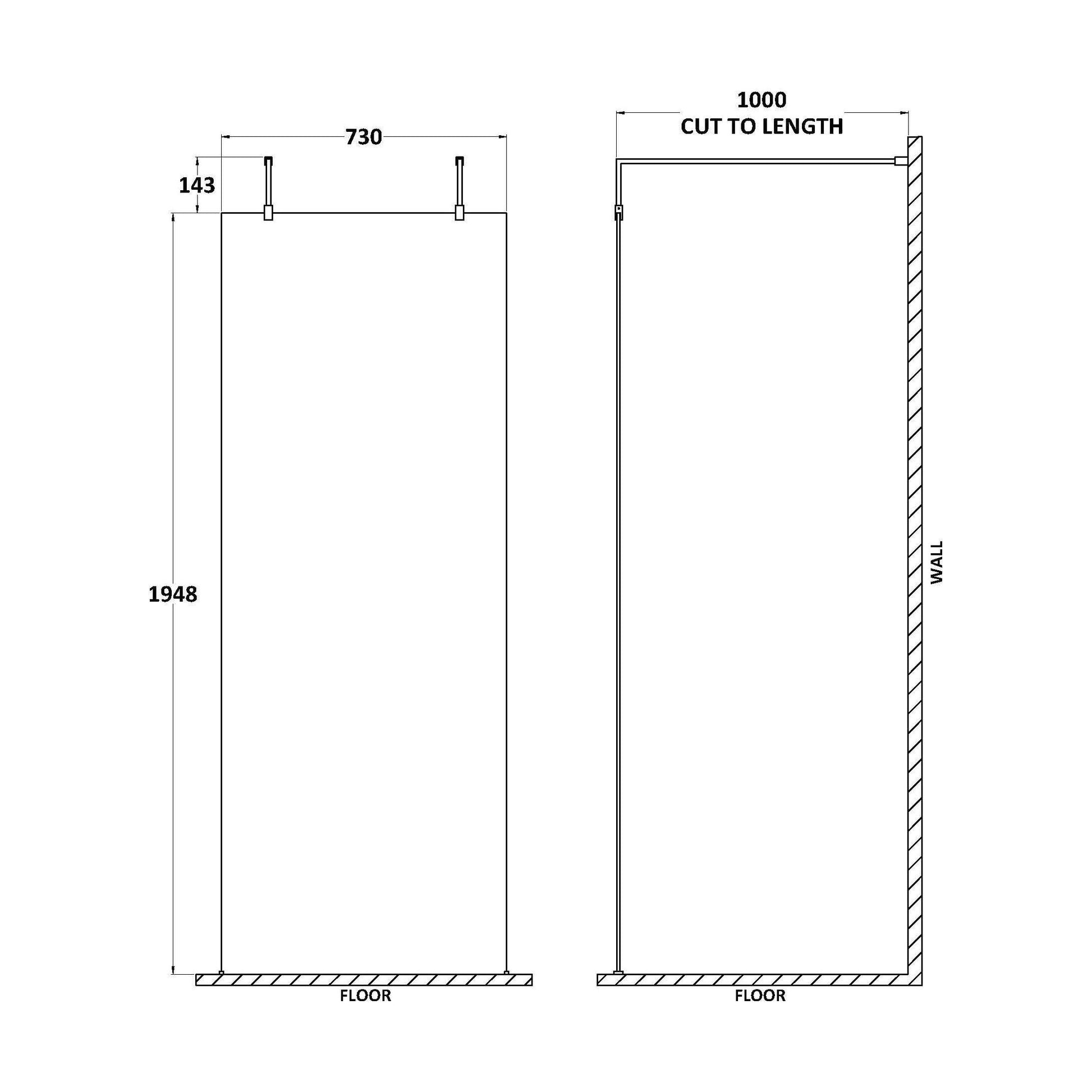 [BEAF760CP] Balterley Contemporary Bathroom 8mm Glass Wetroom Screen with Arms & Feet, Chrome Finish, 1950 x 698 x 14mm - Technical Drawing