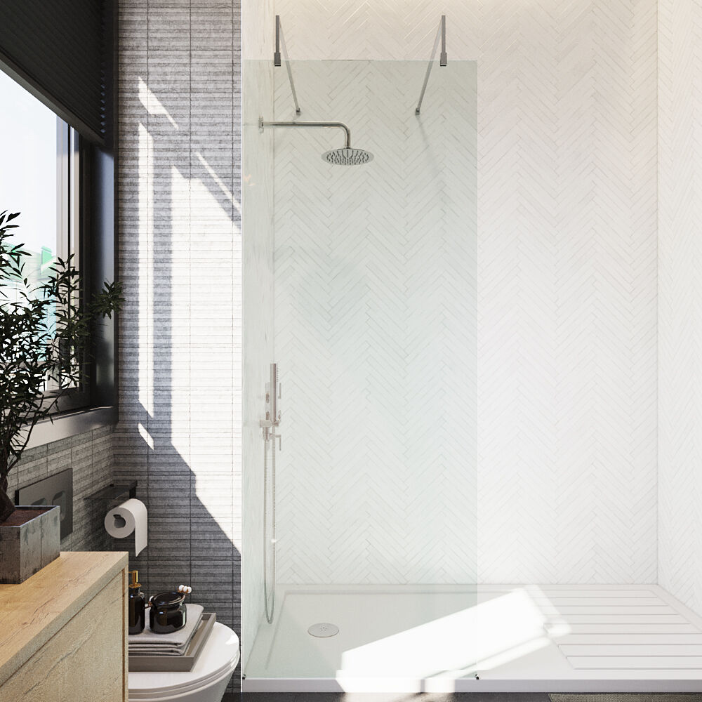 [BEAF760CP] Balterley Contemporary Bathroom 8mm Glass Wetroom Screen with Arms & Feet, Chrome Finish, 1950 x 698 x 14mm - Lifestyle 1