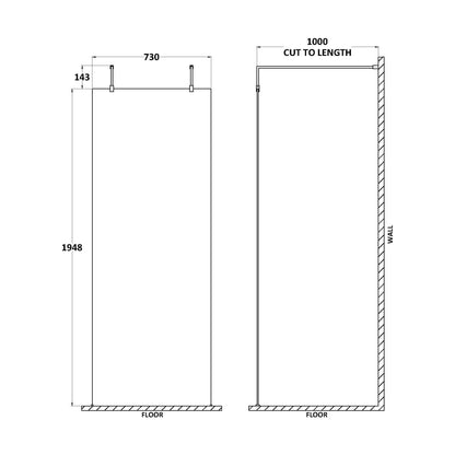 [BEAF760MB] Balterley Contemporary Bathroom 8mm Glass Wetroom Screen with Arms & Feet, Chrome Finish, 1950 x 698 x 14mm - Technical Drawing