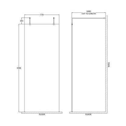 [BEAF800BB] Balterley Contemporary Bathroom 8mm Glass Wetroom Screen with Arms & Feet, Chrome Finish, 1950 x 698 x 14mm - Technical Drawing