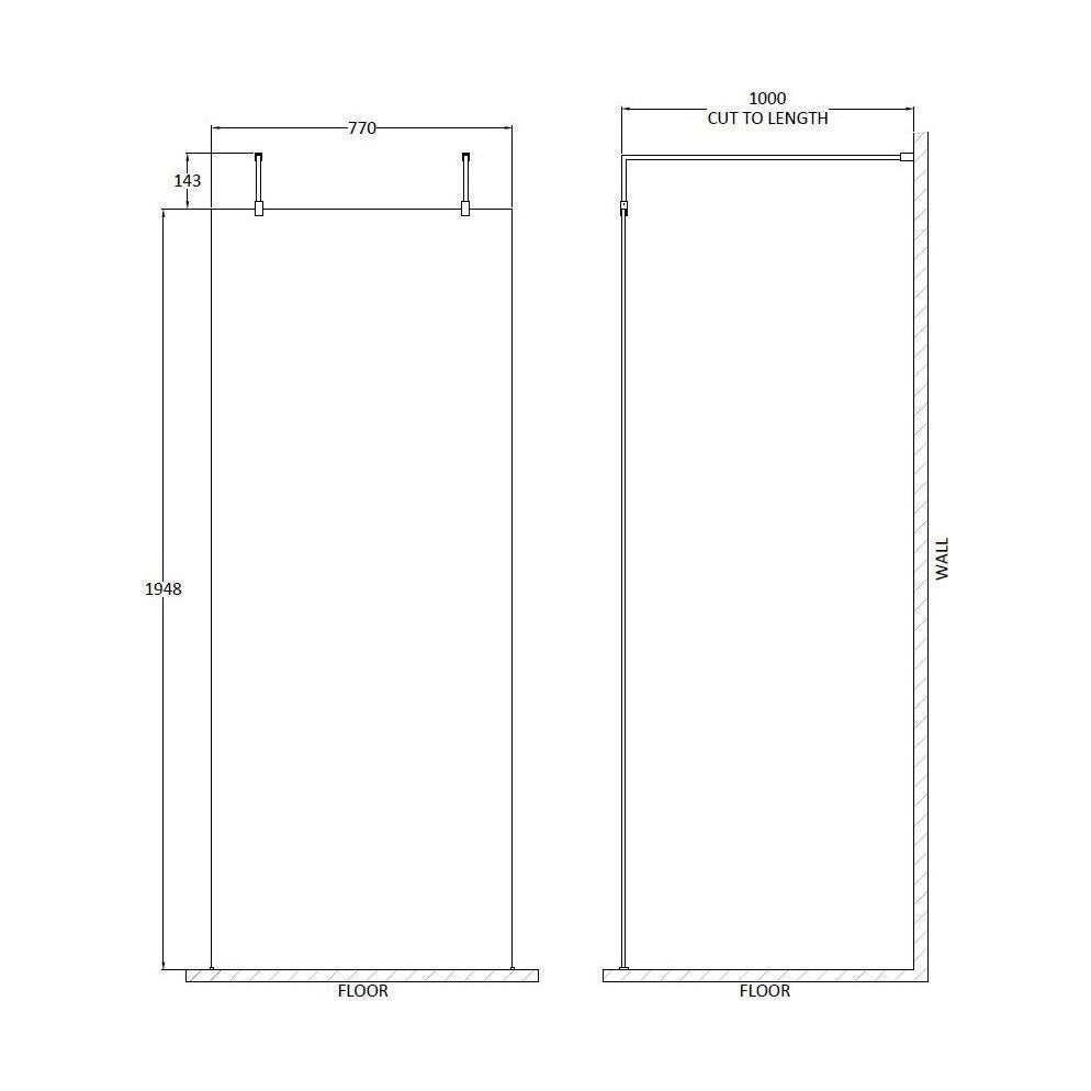 [BEAF800CP] Balterley Contemporary Bathroom 8mm Glass Wetroom Screen with Arms & Feet, Chrome Finish, 1950 x 698 x 14mm - Technical Drawing