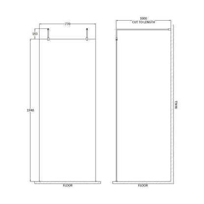 [BEAF800MB] Balterley Contemporary Bathroom 8mm Glass Wetroom Screen with Arms & Feet, Chrome Finish, 1950 x 698 x 14mm - Technical Drawing