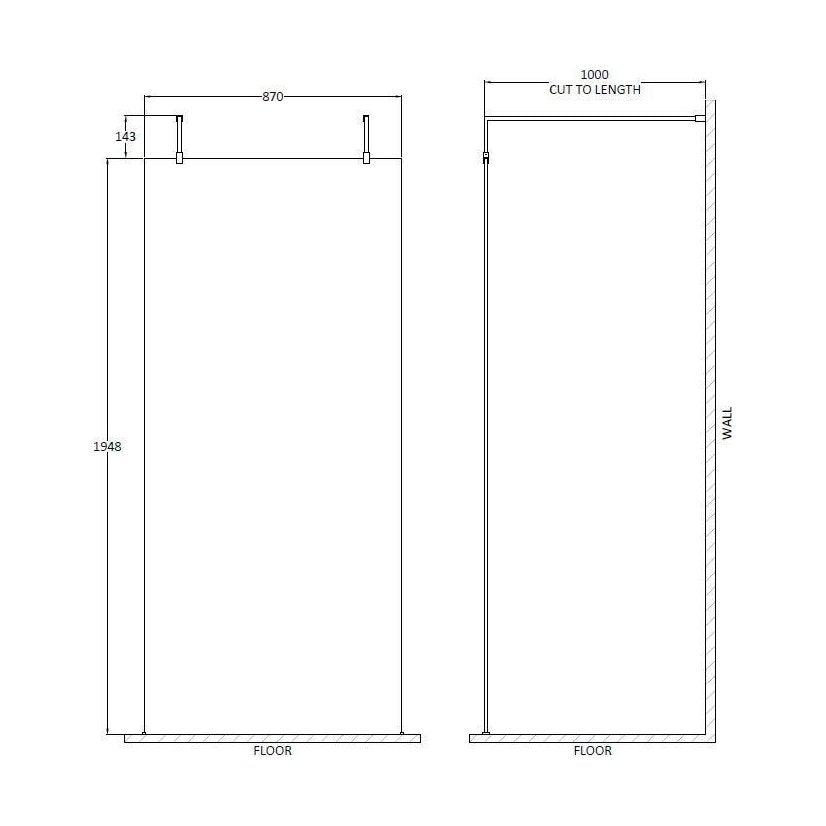 [BEAF900CP] Balterley Contemporary Bathroom 8mm Glass Wetroom Screen with Arms & Feet, Chrome Finish, 1950 x 698 x 14mm - Technical Drawing